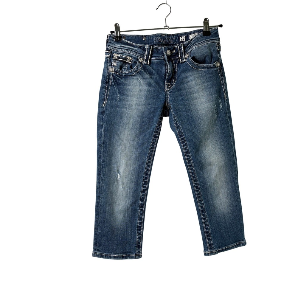 Miss Me Capri Jeans Womens 27 Blue Fleur‎ De Lis Embellished Distressed JP5182P
